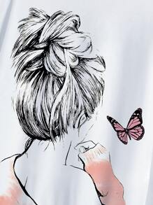 SHEIN LUNE Figure And Butterfly Print Sweatshirt - White - View 3
