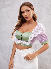 Gytarh Puff Sleeve Floral Embroidered Mesh Trim Button Front Crop Top - Multicolor - View 5