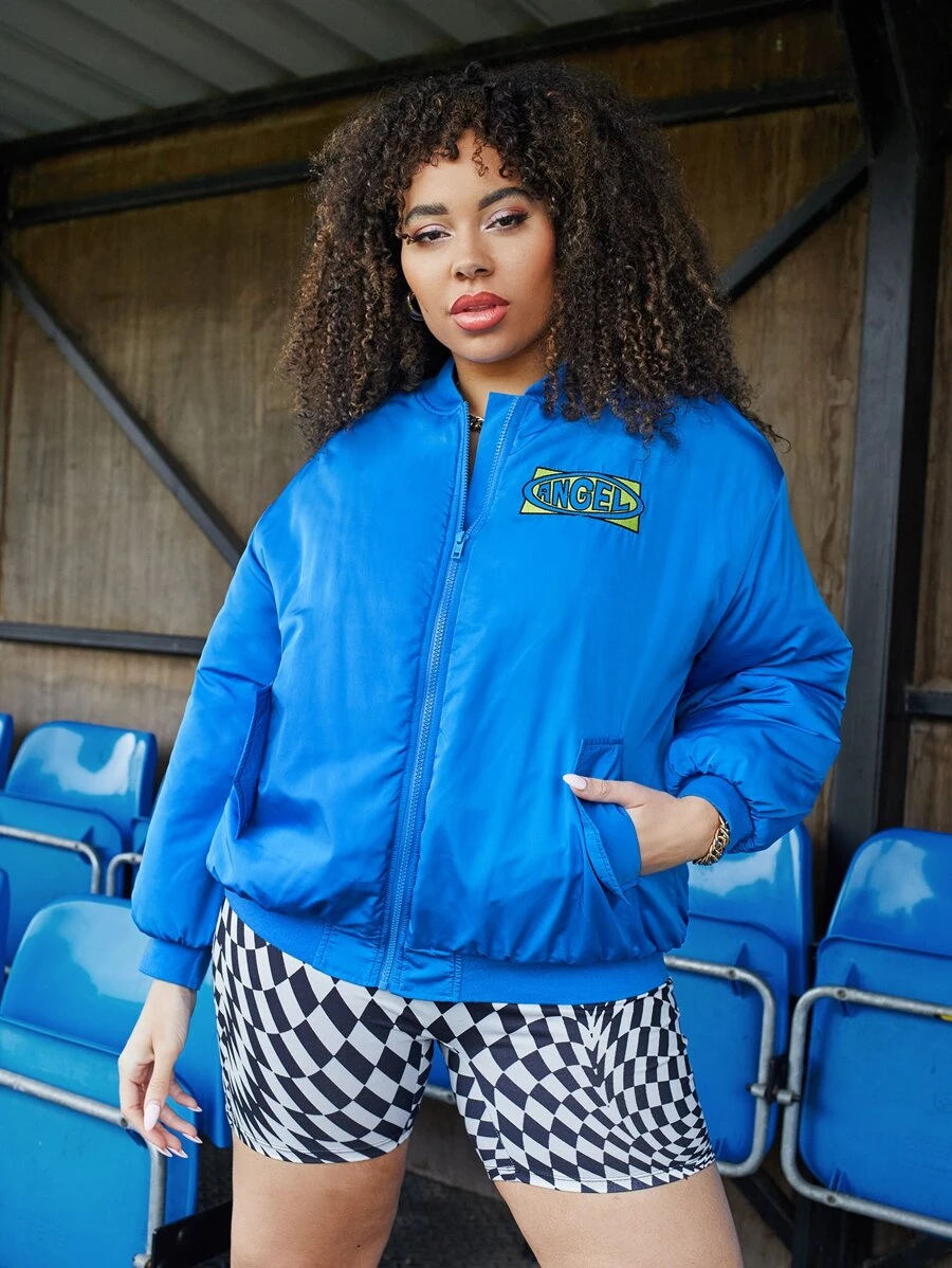 SHEIN EZwear 大碼字母刺繡落肩袖飛行員夾克 - 藍色 - 查看 1