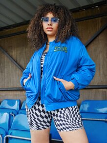 SHEIN EZwear 大碼字母刺繡落肩袖飛行員夾克 - 藍色 - 查看 3