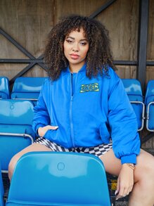 SHEIN EZwear 大碼字母刺繡落肩袖飛行員夾克 - 藍色 - 查看 5