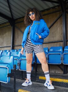 SHEIN EZwear 大碼字母刺繡落肩袖飛行員夾克 - 藍色 - 查看 6