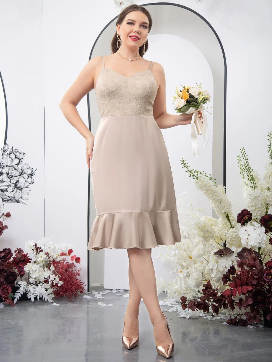 SHEIN Belle 大碼上身蕾絲荷葉邊吊帶裙伴娘禮服