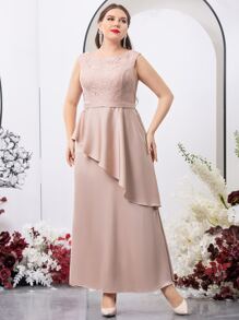 SHEIN Belle Plus Lace Bodice Ruffle Trim Bridesmaid Dress - Dusty Pink - View 1