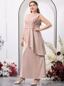 SHEIN Belle Plus Lace Bodice Ruffle Trim Bridesmaid Dress - Dusty Pink - View 3