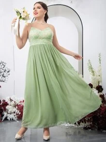 SHEIN Belle 大碼花卉刺繡雪紡吊帶裙伴娘禮服 - 綠色 - 查看 5