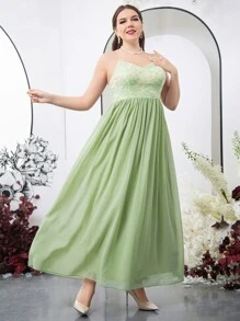 SHEIN Belle 大碼花卉刺繡雪紡吊帶裙伴娘禮服 - 綠色 - 查看 6