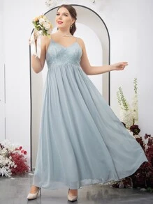 SHEIN Belle 大碼上身蕾絲雪紡吊帶裙伴娘禮服