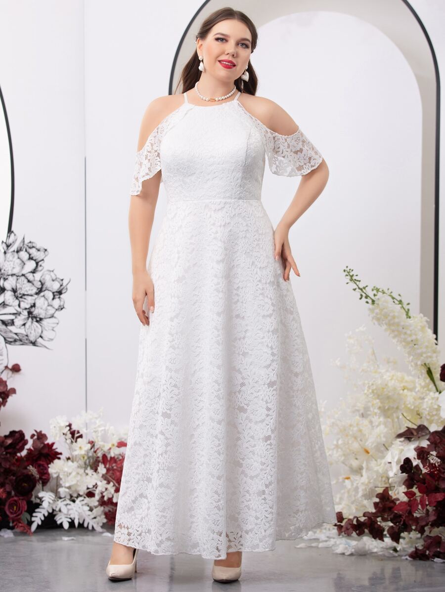 SHEIN Belle Vestido de novia de hombros descubiertos con encaje - Blanco - Ver 1