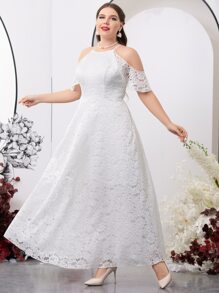 SHEIN Belle Vestido de novia de hombros descubiertos con encaje - Blanco - Ver 3