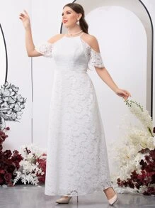 SHEIN Belle Vestido de novia de hombros descubiertos con encaje - Blanco - Ver 4