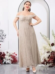 SHEIN Belle Plus Cold Shoulder Lace Bridesmaid Dress - Khaki - View 3