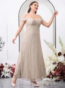 SHEIN Belle Plus Cold Shoulder Lace Bridesmaid Dress - Khaki - View 5