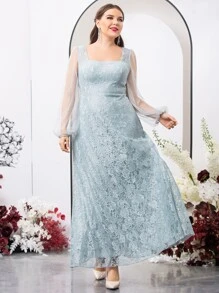 SHEIN Belle Plus Contrast Mesh Sleeve Lace Bridesmaid Dress - Mint Green - View 1