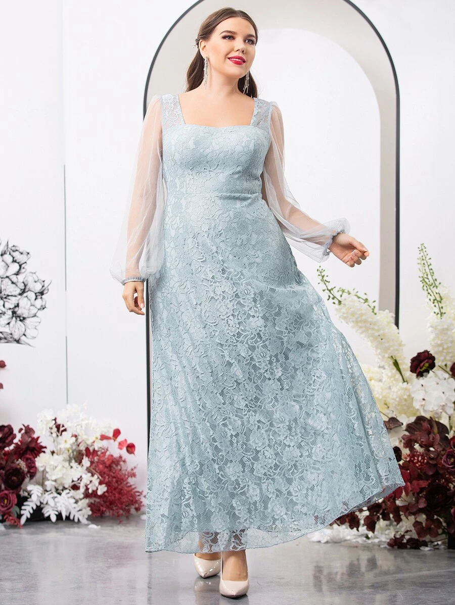 SHEIN Belle Plus Contrast Mesh Sleeve Lace Bridesmaid Dress - Mint Green - View 1