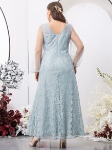 SHEIN Belle Plus Contrast Mesh Sleeve Lace Bridesmaid Dress - Mint Green - View 2