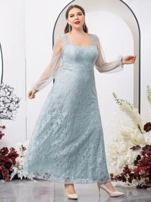 SHEIN Belle Plus Contrast Mesh Sleeve Lace Bridesmaid Dress - Mint Green - View 4