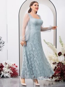 SHEIN Belle Plus Contrast Mesh Sleeve Lace Bridesmaid Dress - Mint Green - View 5