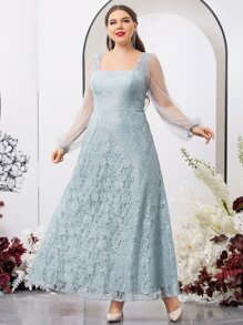 SHEIN Belle Plus Contrast Mesh Sleeve Lace Bridesmaid Dress - Mint Green - View 6