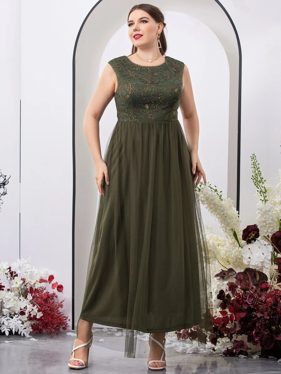 SHEIN Belle 大碼花卉刺繡緊身上衣網紗邊伴娘連衣裙 - 軍綠色 - 查看 1