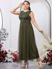 SHEIN Belle 大碼花卉刺繡緊身上衣網紗邊伴娘連衣裙 - 軍綠色 - 查看 3