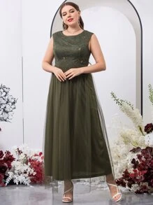 SHEIN Belle 大碼花卉刺繡緊身上衣網紗邊伴娘連衣裙 - 軍綠色 - 查看 6