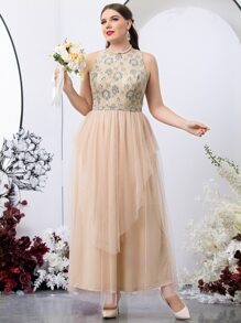 SHEIN Belle 大碼上身蕾絲網紗邊無袖伴娘洋裝