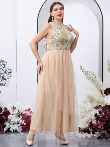 SHEIN Belle 大碼上身蕾絲網紗邊無袖伴娘洋裝