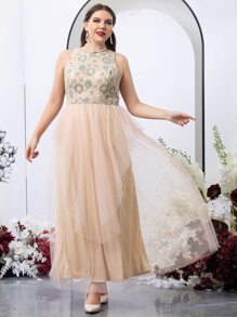 SHEIN Belle 大碼上身蕾絲網紗邊無袖伴娘洋裝