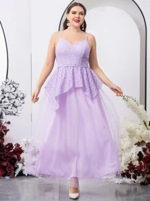 SHEIN Belle 大碼蕾絲網紗邊吊帶裙伴娘禮服