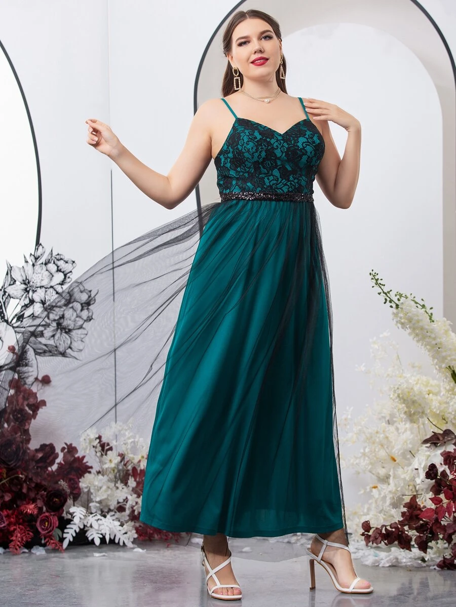 SHEIN Belle Plus Lace Contrast Sequins Insert Contrast Cami Dress - Teal Blue - View 1