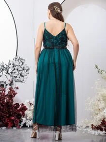 SHEIN Belle Plus Lace Contrast Sequins Insert Contrast Cami Dress - Teal Blue - View 2