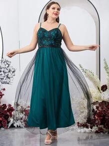 SHEIN Belle Plus Lace Contrast Sequins Insert Contrast Cami Dress - Teal Blue - View 3