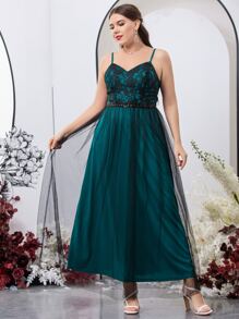 SHEIN Belle Plus Lace Contrast Sequins Insert Contrast Cami Dress - Teal Blue - View 4