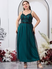 SHEIN Belle Plus Lace Contrast Sequins Insert Contrast Cami Dress - Teal Blue - View 5