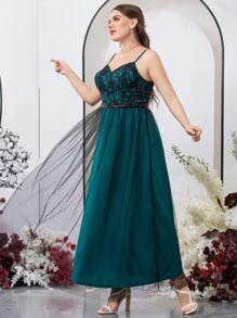 SHEIN Belle Plus Lace Contrast Sequins Insert Contrast Cami Dress - Teal Blue - View 6