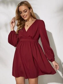 SHEIN Váy Bà bầu Trọn gói Dây kéo màu trơn Giải trí - Màu Đỏ Sâu - Xem 4