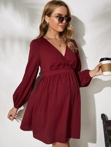 SHEIN Váy Bà bầu Trọn gói Dây kéo màu trơn Giải trí - Màu Đỏ Sâu - Xem 5