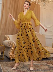 Modelyn Đầm Thắt lưng Xù Trọn gói Hoa Thanh lịch - Màu Mù tạt vàng - Xem 1