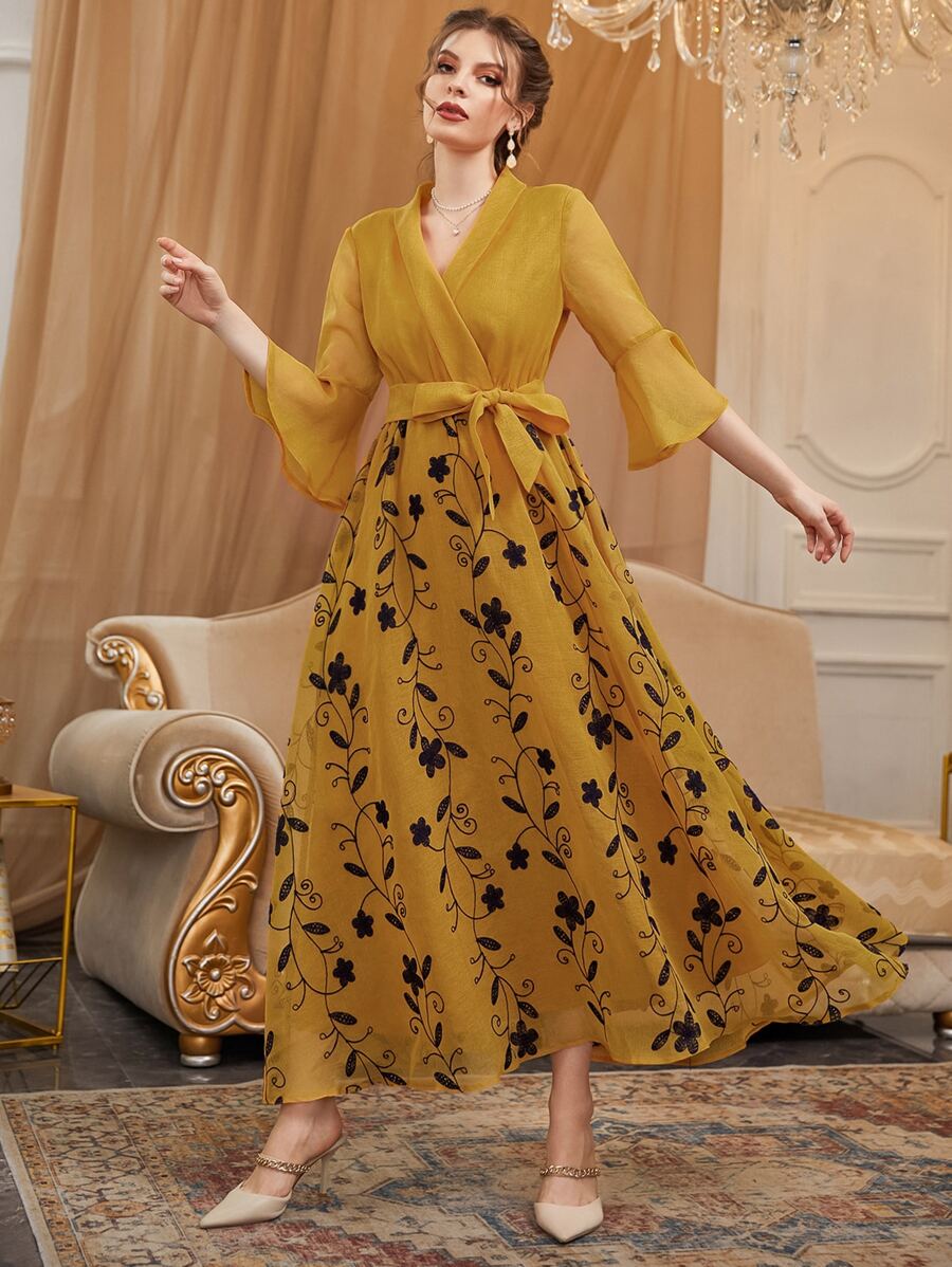 Modelyn Đầm Thắt lưng Xù Trọn gói Hoa Thanh lịch - Màu Mù tạt vàng - Xem 1