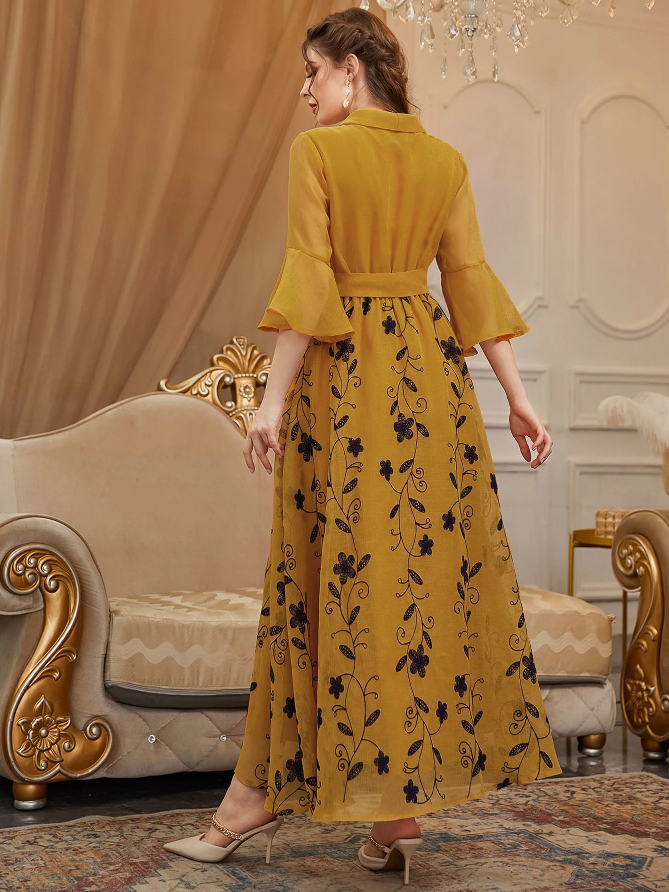 Miniatura 2 de Vestido con cinturón con bordado floral escote cruzado de manga con volante Mostaza Amarilla