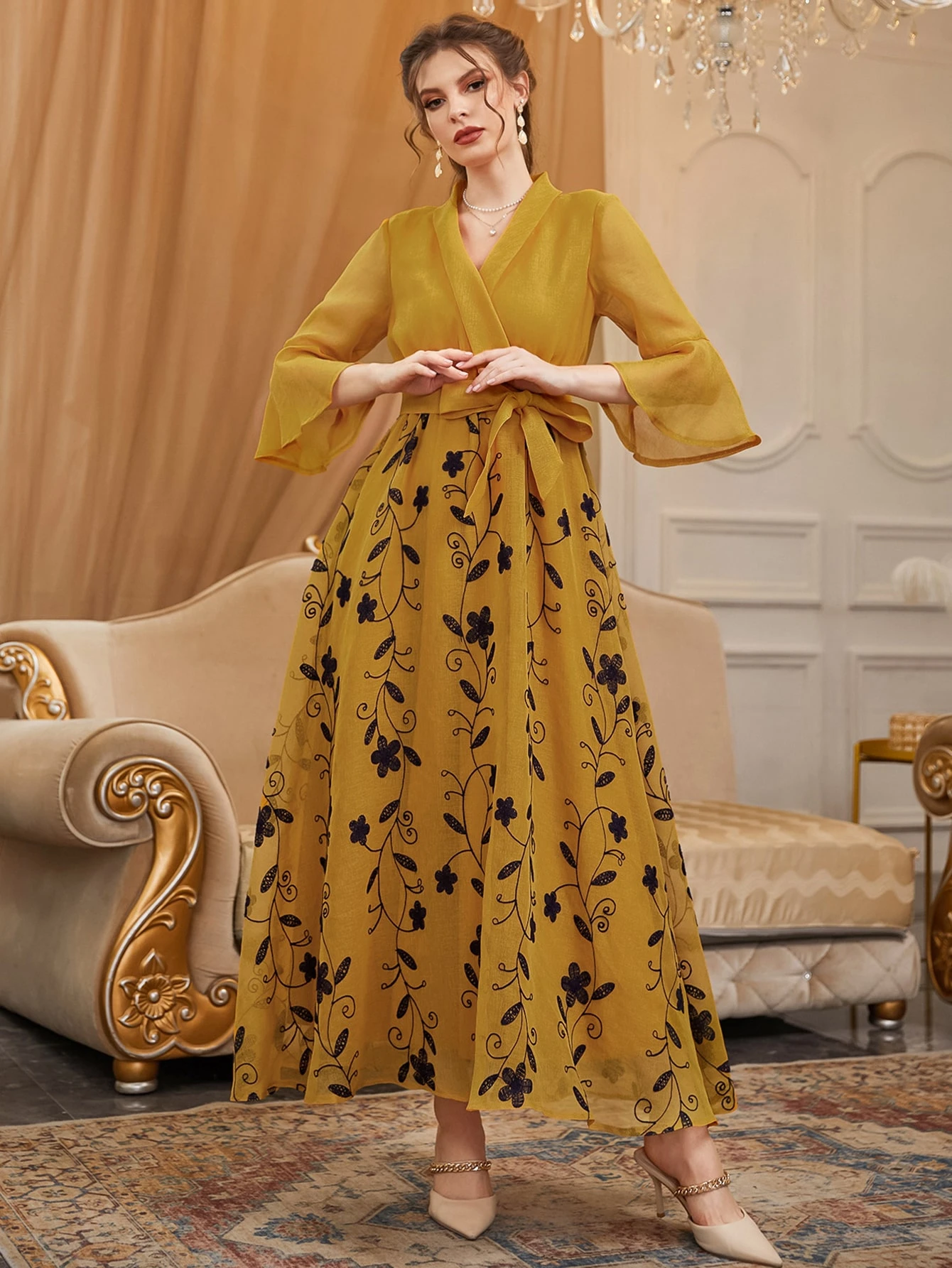 Miniatura 3 de Vestido con cinturón con bordado floral escote cruzado de manga con volante Mostaza Amarilla