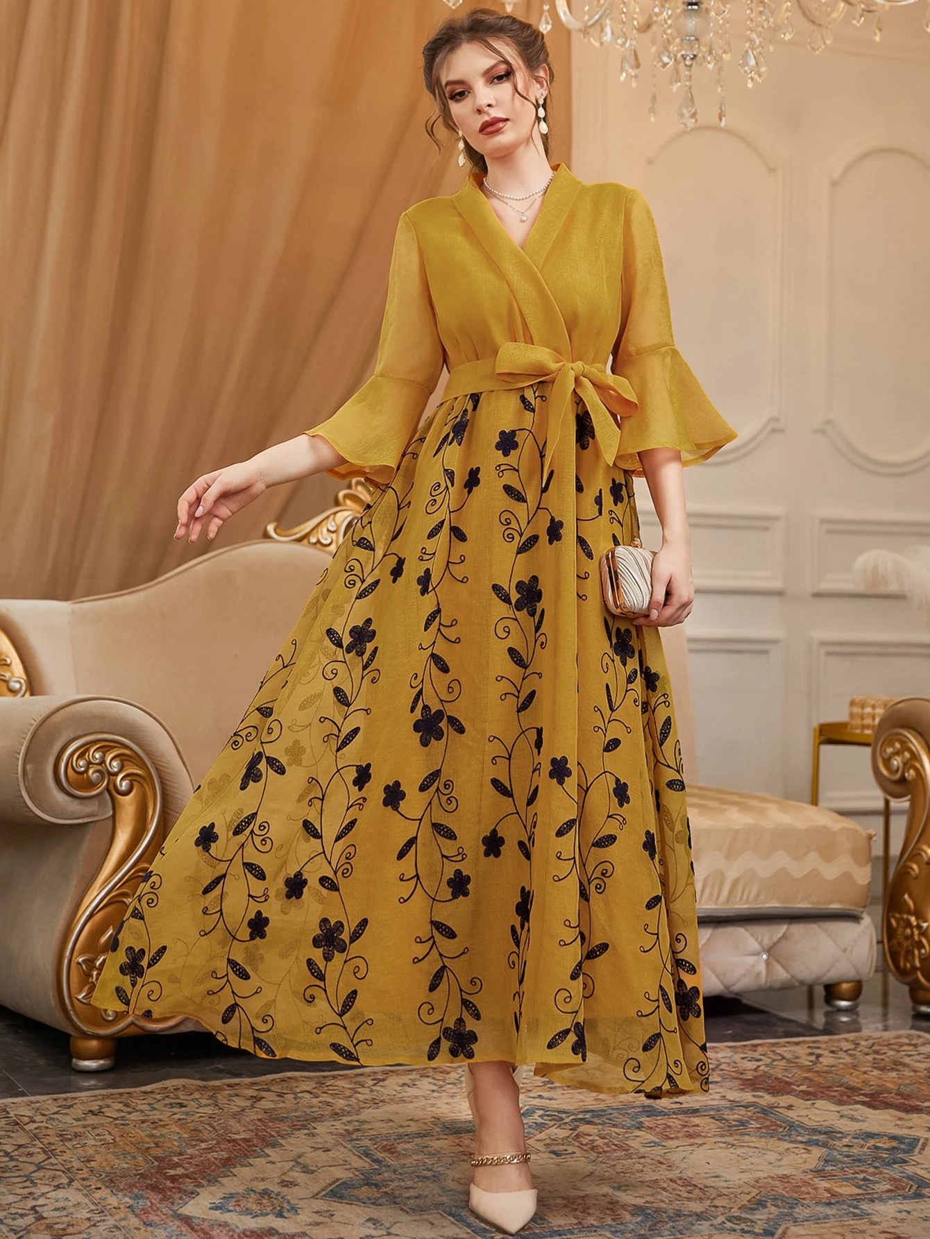 Miniatura 5 de Vestido con cinturón con bordado floral escote cruzado de manga con volante Mostaza Amarilla