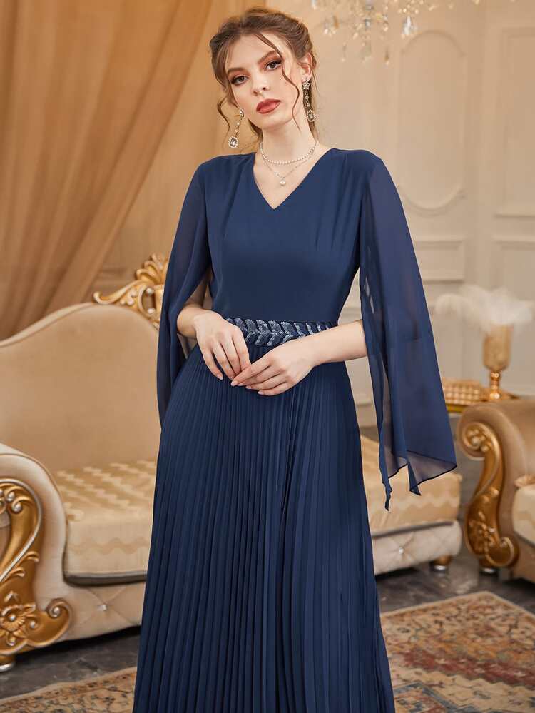 Modelyn Slit Sleeve Pleated Hem Sequin Belted Dress - Navy Blue - View 3