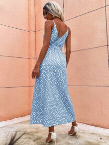 SHEIN VCAY 小碎花圖案開衩腰帶吊帶洋裝 - 淺藍色 - 查看 2