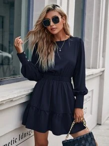 SHEIN Privé Vestido unicolor de espalda con abertura de ojo bajo con fruncido con diseño de botón - Azul Marino - Ver 1