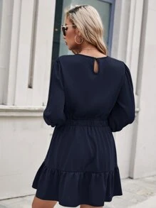 SHEIN Privé Vestido unicolor de espalda con abertura de ojo bajo con fruncido con diseño de botón - Azul Marino - Ver 2