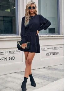 SHEIN Privé Vestido unicolor de espalda con abertura de ojo bajo con fruncido con diseño de botón - Azul Marino - Ver 5
