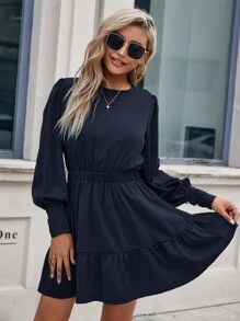 SHEIN Privé Vestido unicolor de espalda con abertura de ojo bajo con fruncido con diseño de botón - Azul Marino - Ver 6