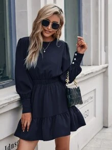 SHEIN Privé Vestido unicolor de espalda con abertura de ojo bajo con fruncido con diseño de botón - Azul Marino - Ver 7
